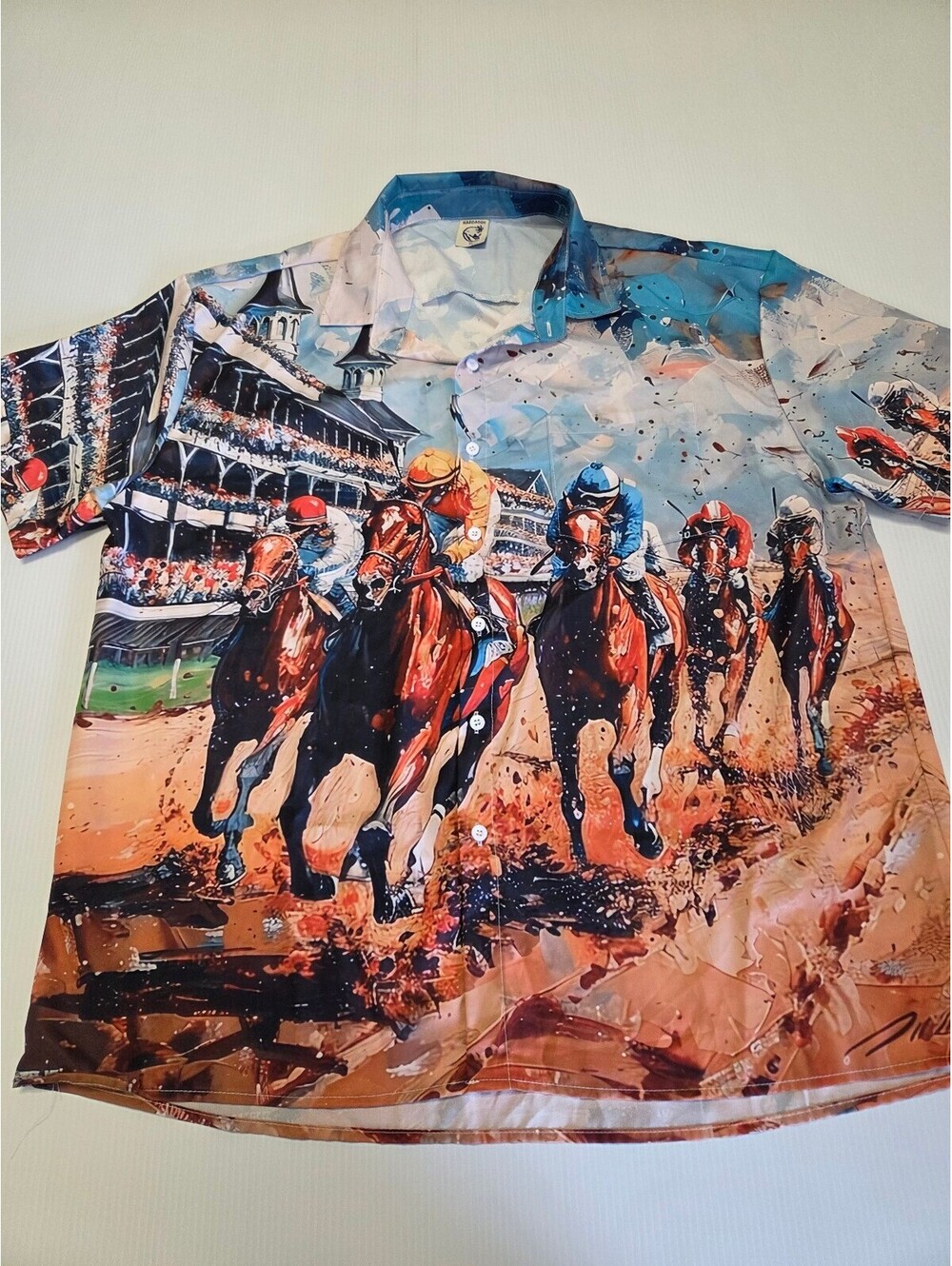Hardaddy XL Horse Racing Print Short Sleeve Button-Up Shirt